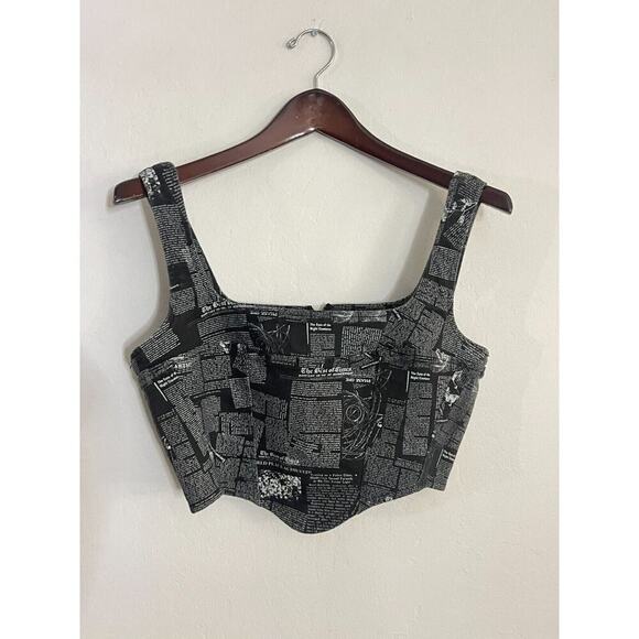 Reformation Jeans 8 Raya Denim Crop Tank Top Shirt Bustier Black White Newspaper - Picture 3 of 10